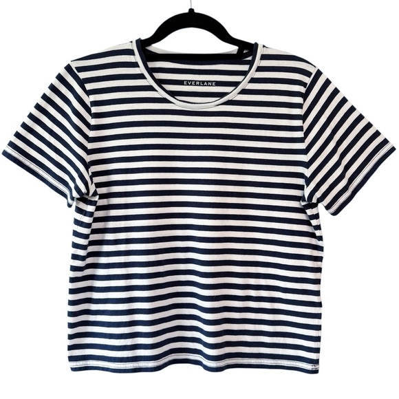 Everlane 100% Cotton Boxy Crop Crew Neck Tee Navy White Stripe Size Small - Picture 1 of 4